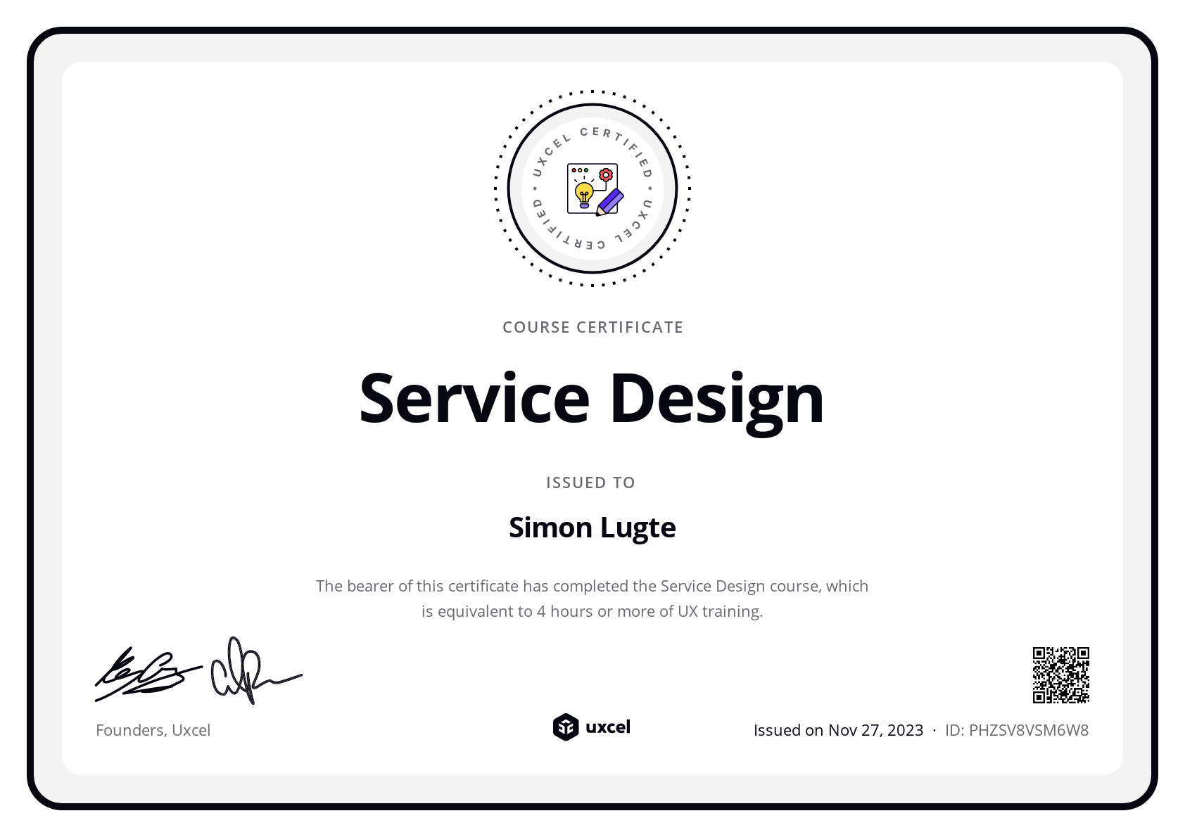 Simon Lugte's certificate
